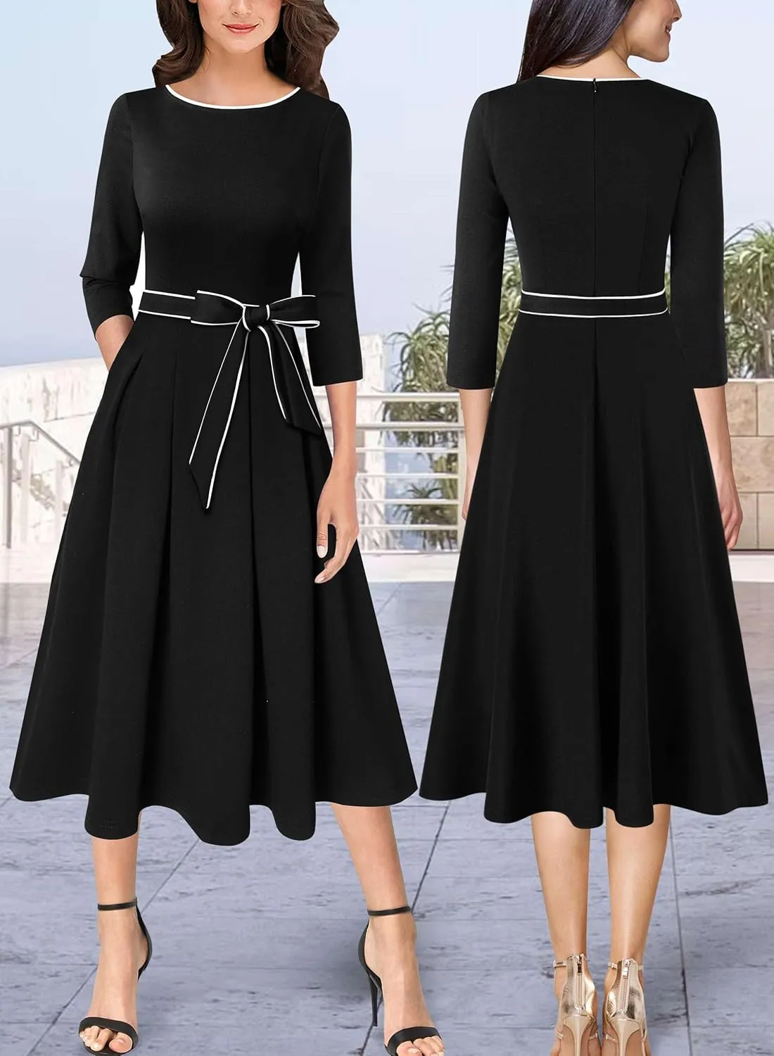 VFSHOW Womens Elegant Pockets Belted Work Business Office Casual Party Pleated A-Line Midi Dress