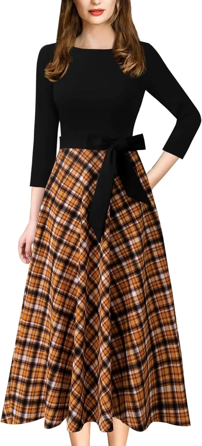 VFSHOW Womens Elegant Pockets Belted Work Business Office Casual Party Pleated A-Line Midi Dress
