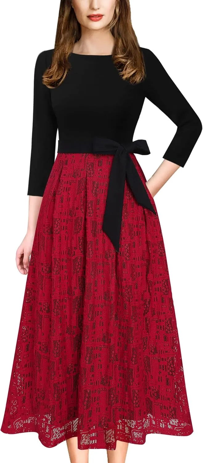 VFSHOW Womens Elegant Pockets Belted Work Business Office Casual Party Pleated A-Line Midi Dress