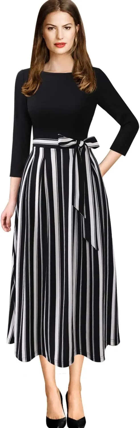 VFSHOW Womens Elegant Pockets Belted Work Business Office Casual Party Pleated A-Line Midi Dress