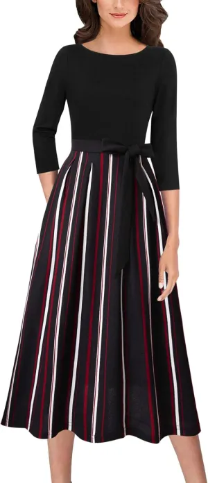 VFSHOW Womens Elegant Pockets Belted Work Business Office Casual Party Pleated A-Line Midi Dress