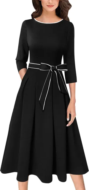 VFSHOW Womens Elegant Pockets Belted Work Business Office Casual Party Pleated A-Line Midi Dress
