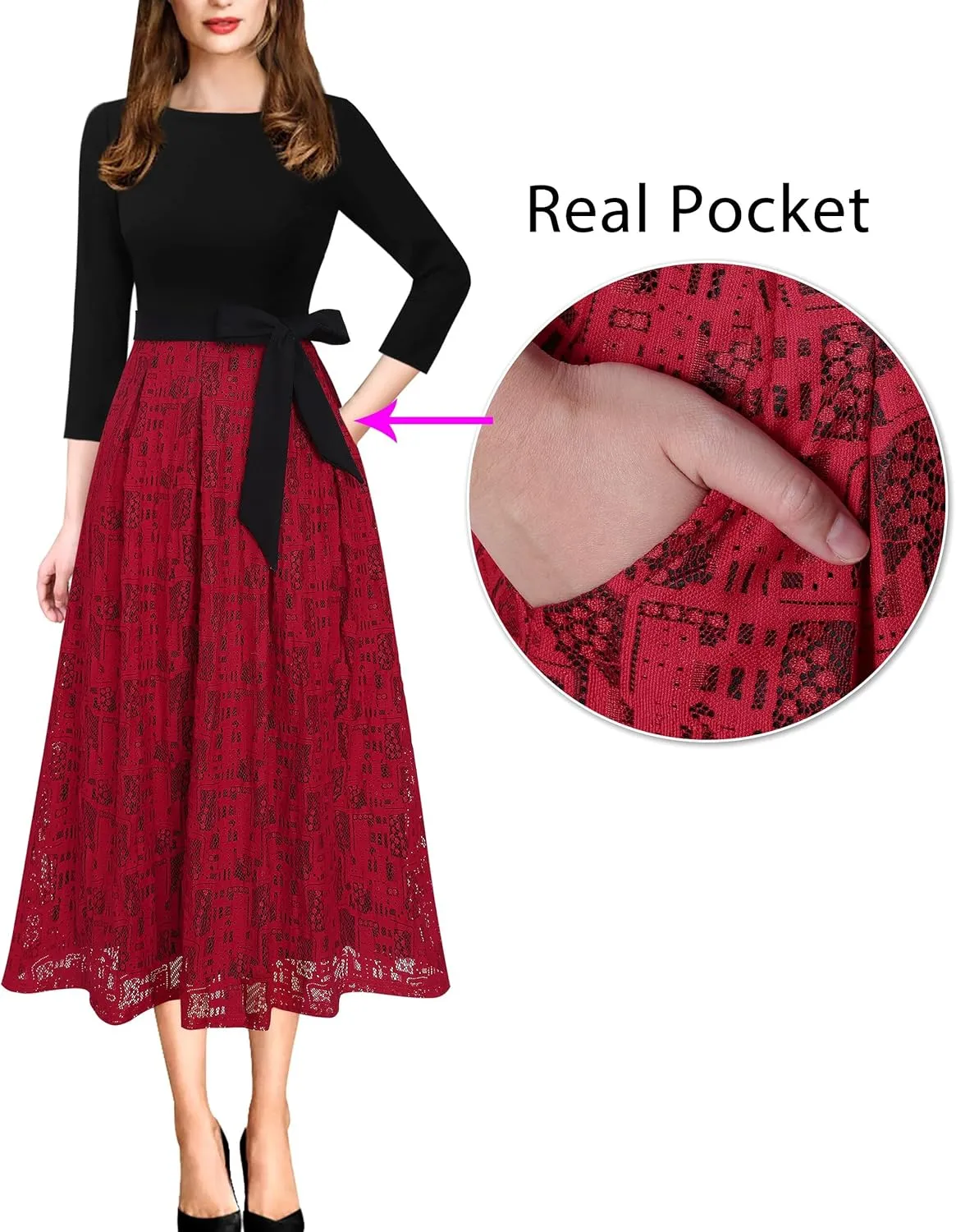 VFSHOW Womens Elegant Pockets Belted Work Business Office Casual Party Pleated A-Line Midi Dress