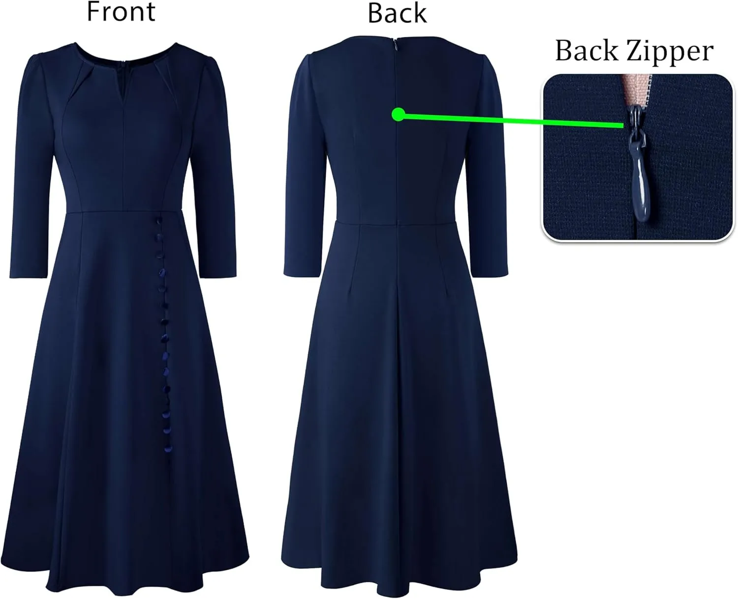 VFSHOW Womens Pleated Notch Neck Front Slit Buttons Pockets Office Business Work Slim Fit A-line Fit and Flare Midi Dress