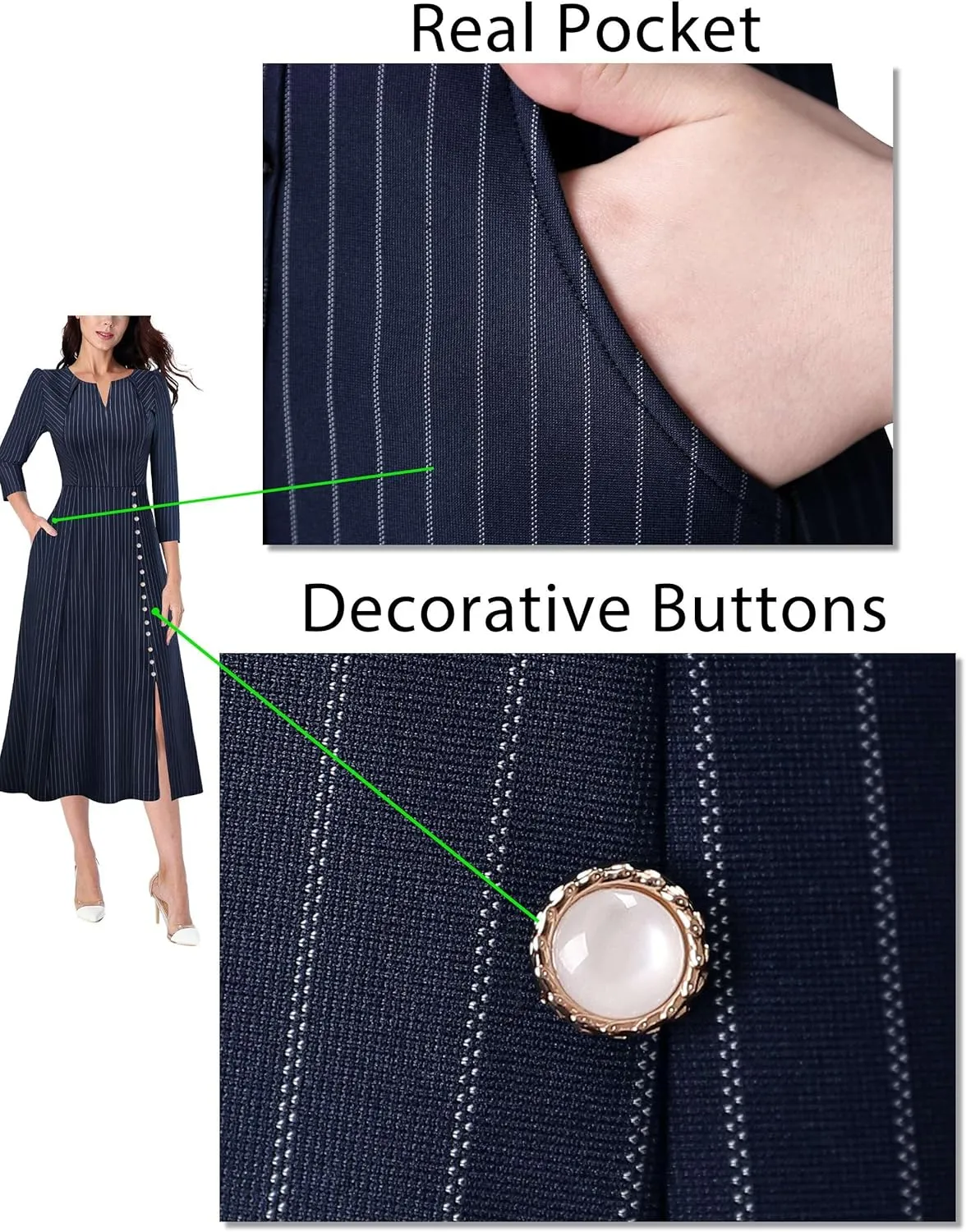 VFSHOW Womens Pleated Notch Neck Front Slit Buttons Pockets Office Business Work Slim Fit A-line Fit and Flare Midi Dress