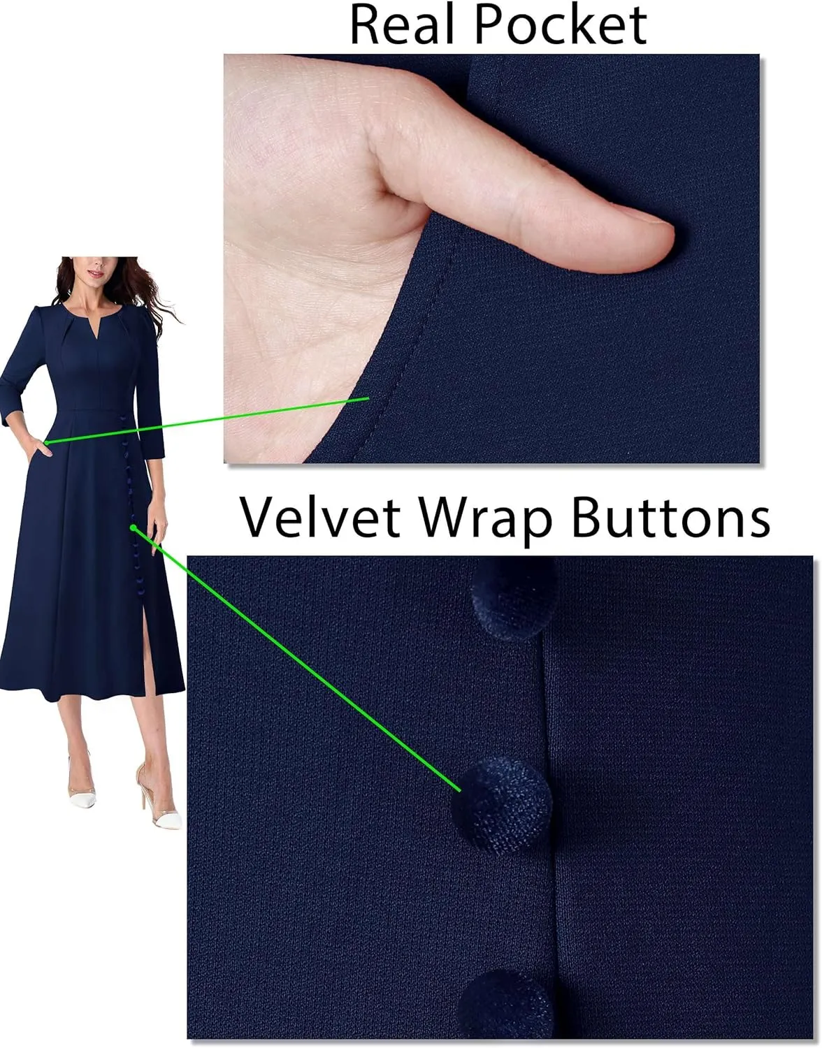 VFSHOW Womens Pleated Notch Neck Front Slit Buttons Pockets Office Business Work Slim Fit A-line Fit and Flare Midi Dress