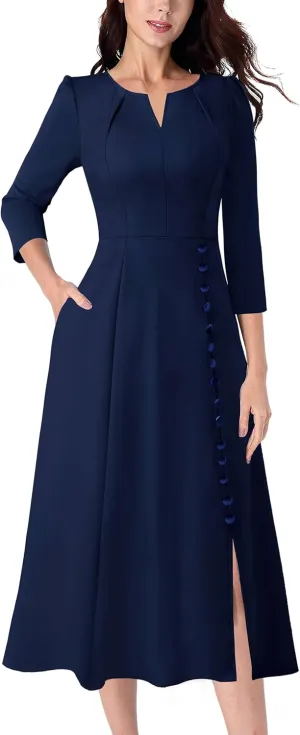 VFSHOW Womens Pleated Notch Neck Front Slit Buttons Pockets Office Business Work Slim Fit A-line Fit and Flare Midi Dress