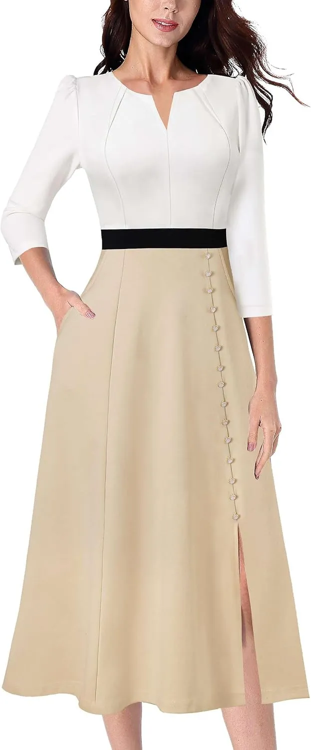 VFSHOW Womens Pleated Notch Neck Front Slit Buttons Pockets Office Business Work Slim Fit A-line Fit and Flare Midi Dress