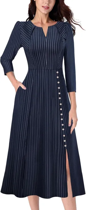 VFSHOW Womens Pleated Notch Neck Front Slit Buttons Pockets Office Business Work Slim Fit A-line Fit and Flare Midi Dress