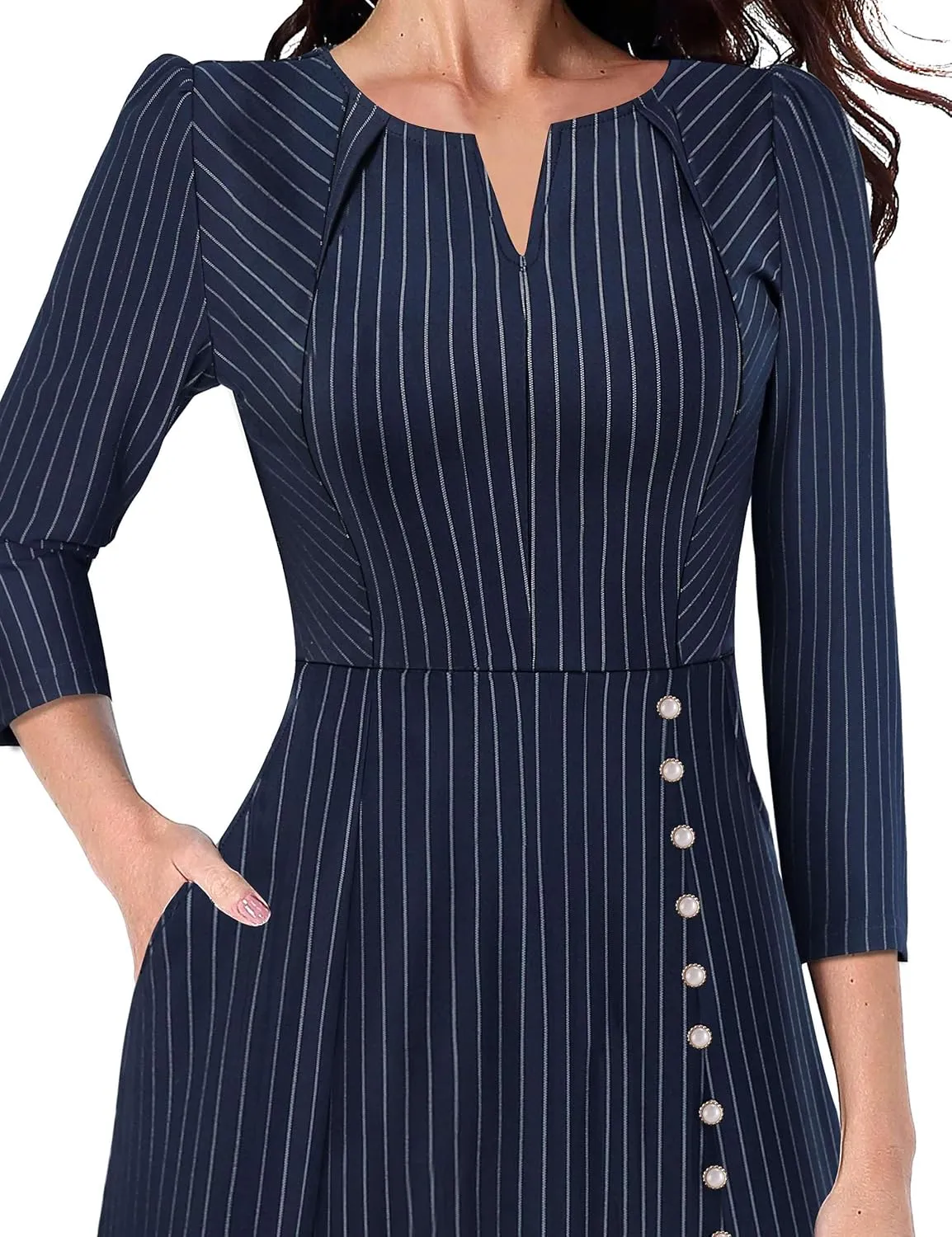 VFSHOW Womens Pleated Notch Neck Front Slit Buttons Pockets Office Business Work Slim Fit A-line Fit and Flare Midi Dress