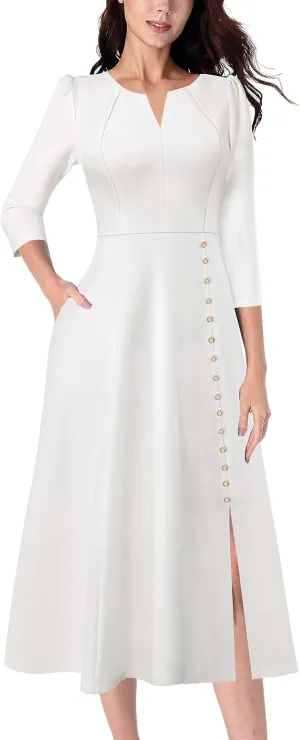 VFSHOW Womens Pleated Notch Neck Front Slit Buttons Pockets Office Business Work Slim Fit A-line Fit and Flare Midi Dress