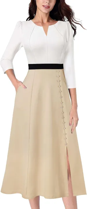 VFSHOW Womens Pleated Notch Neck Front Slit Buttons Pockets Office Business Work Slim Fit A-line Fit and Flare Midi Dress