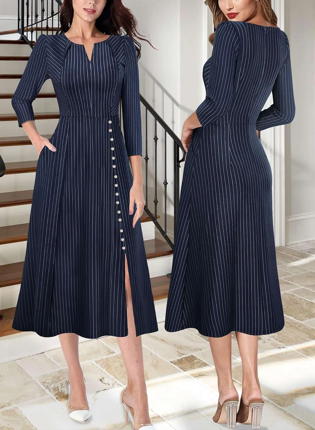 VFSHOW Womens Pleated Notch Neck Front Slit Buttons Pockets Office Business Work Slim Fit A-line Fit and Flare Midi Dress