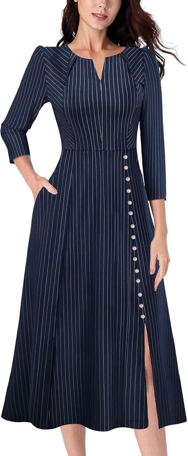 VFSHOW Womens Pleated Notch Neck Front Slit Buttons Pockets Office Business Work Slim Fit A-line Fit and Flare Midi Dress