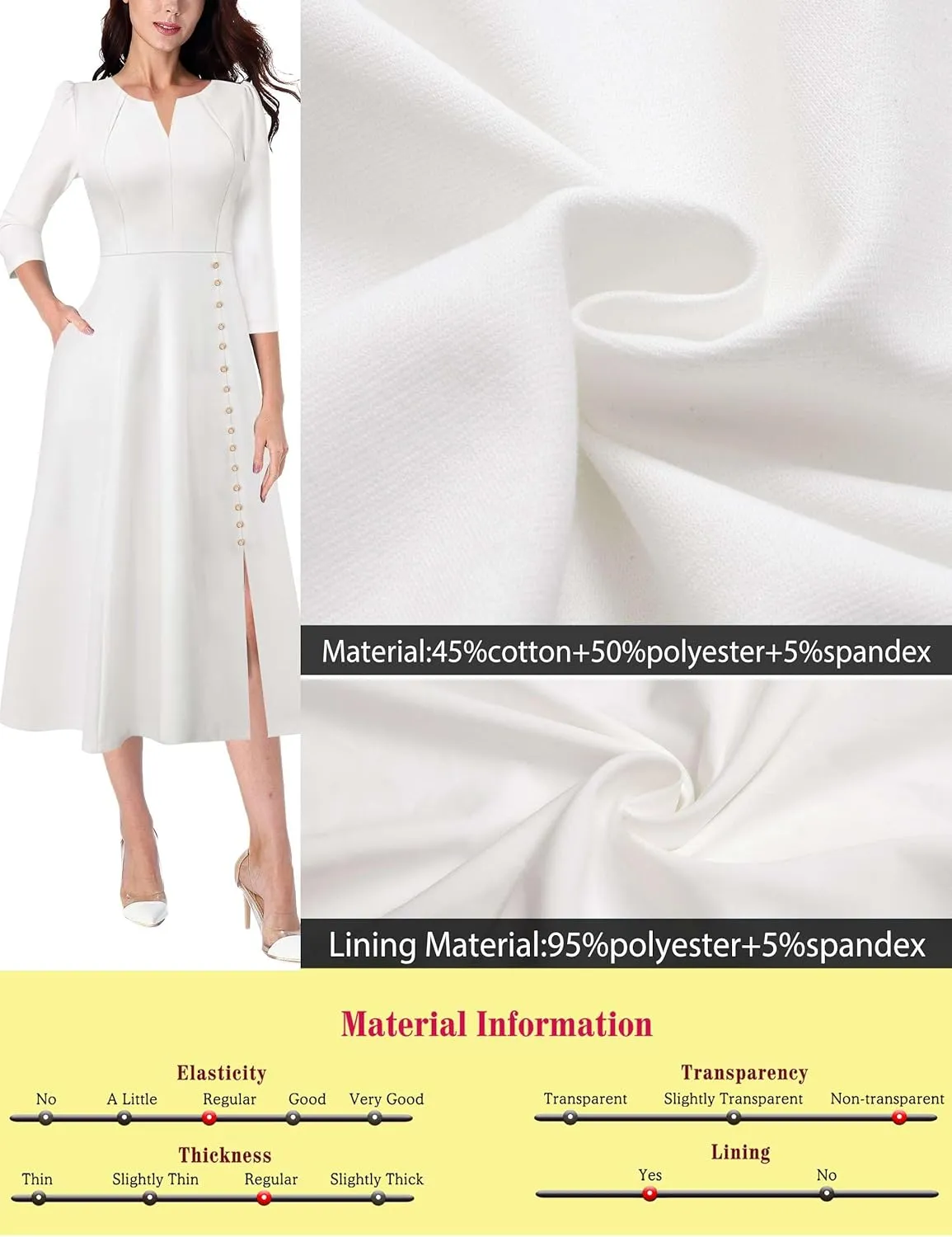 VFSHOW Womens Pleated Notch Neck Front Slit Buttons Pockets Office Business Work Slim Fit A-line Fit and Flare Midi Dress