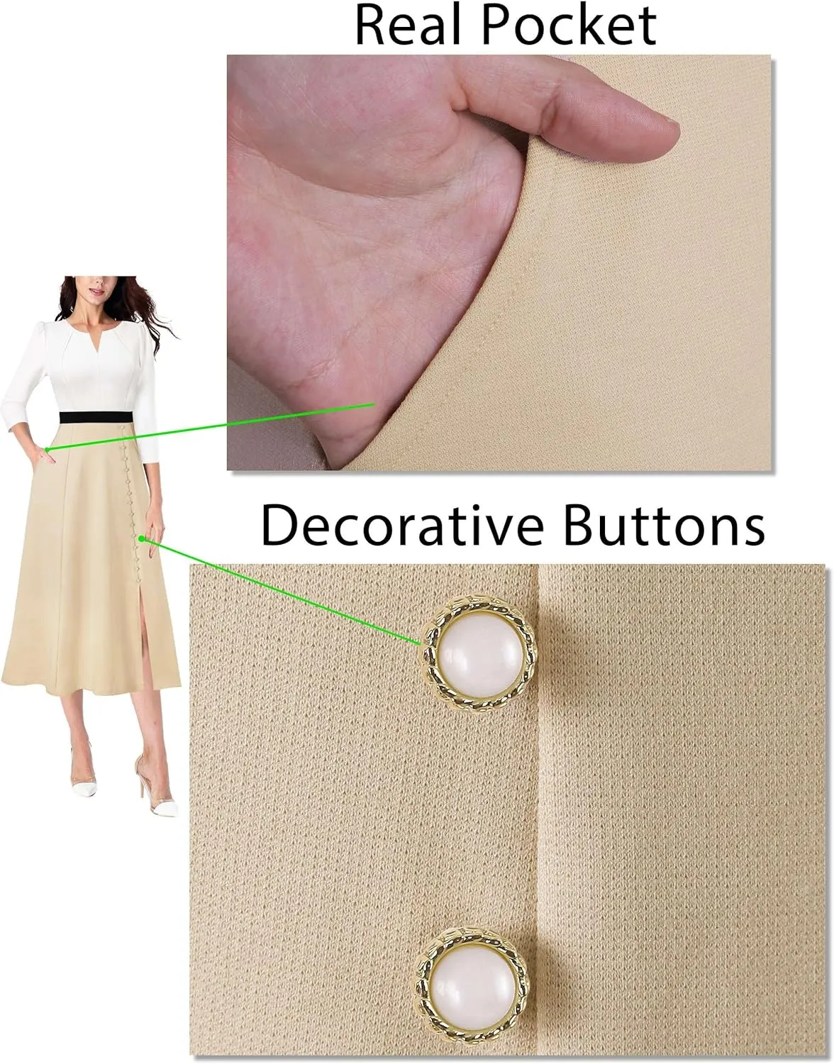 VFSHOW Womens Pleated Notch Neck Front Slit Buttons Pockets Office Business Work Slim Fit A-line Fit and Flare Midi Dress