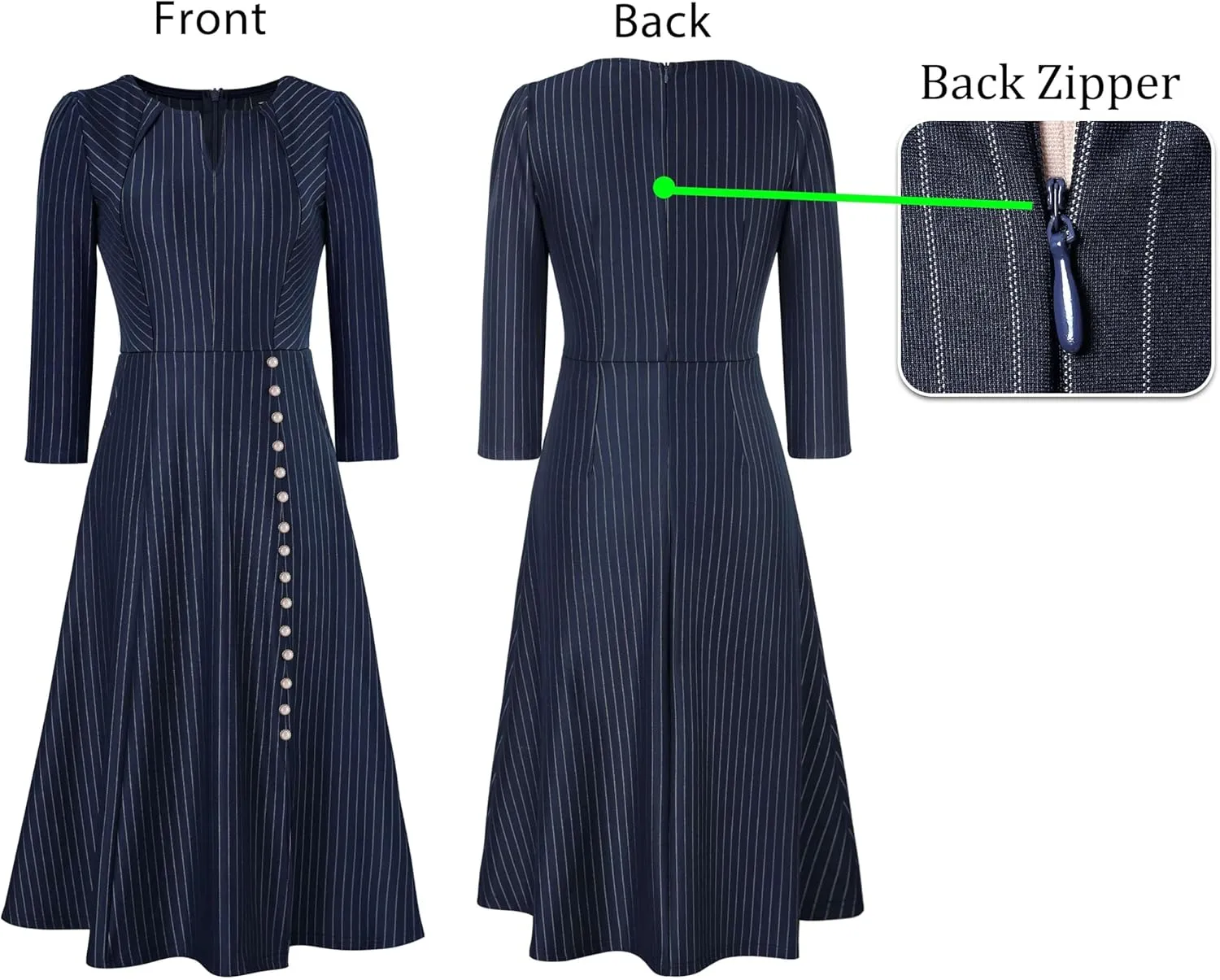 VFSHOW Womens Pleated Notch Neck Front Slit Buttons Pockets Office Business Work Slim Fit A-line Fit and Flare Midi Dress
