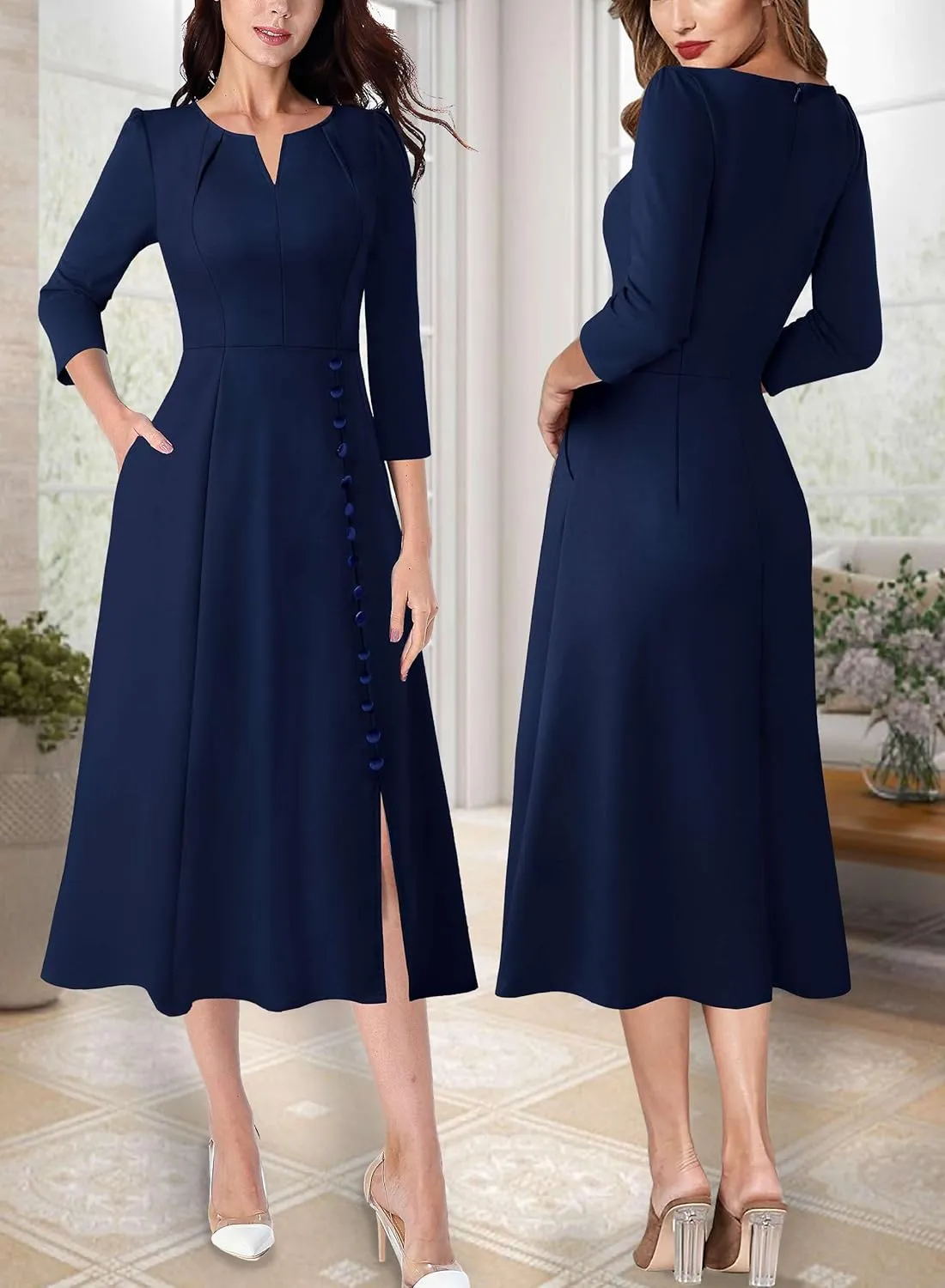 VFSHOW Womens Pleated Notch Neck Front Slit Buttons Pockets Office Business Work Slim Fit A-line Fit and Flare Midi Dress
