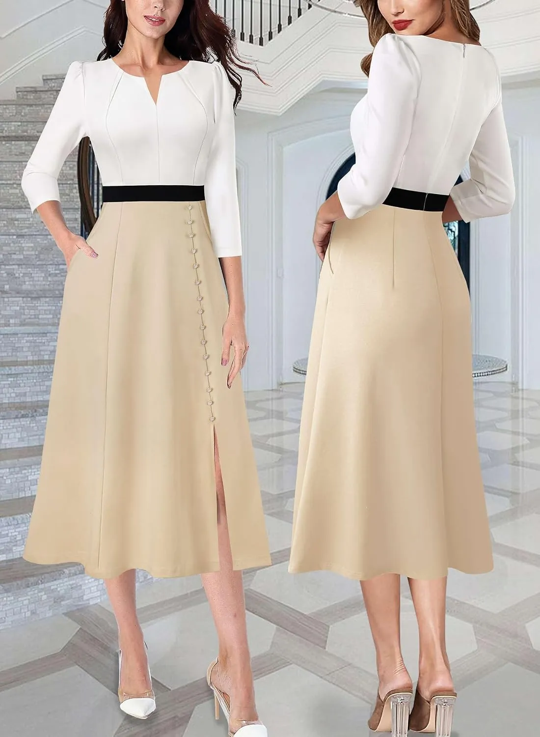 VFSHOW Womens Pleated Notch Neck Front Slit Buttons Pockets Office Business Work Slim Fit A-line Fit and Flare Midi Dress