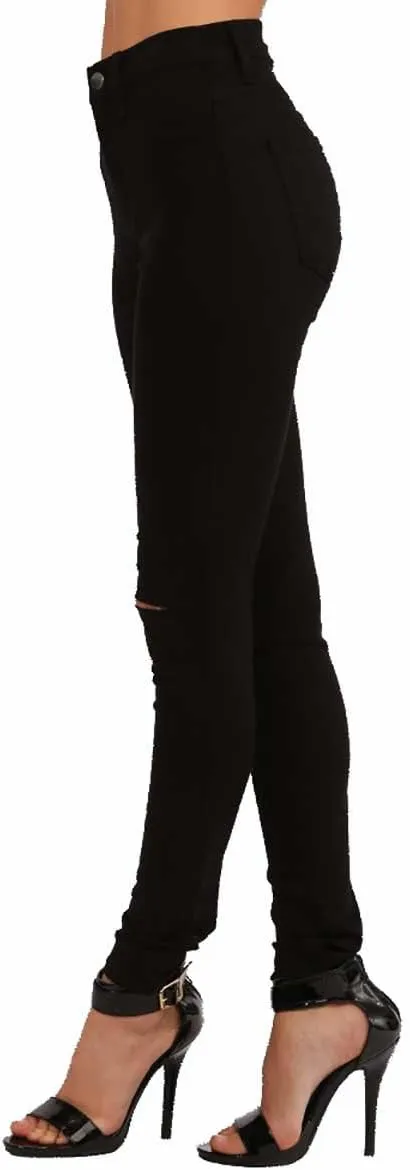 Vibrant Women's Stretch Skinny Jeans - High Waisted Slit Ripped Knee Solid Casual Denim Pants