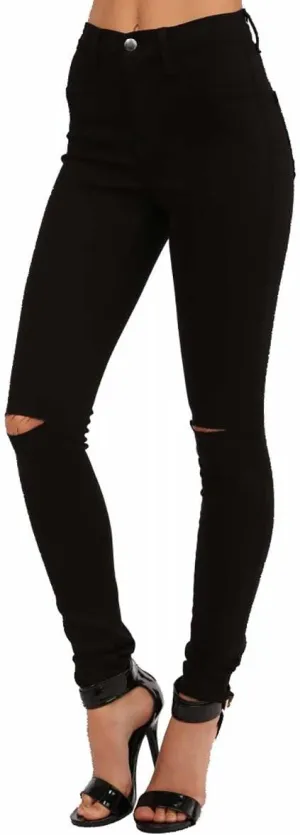 Vibrant Women's Stretch Skinny Jeans - High Waisted Slit Ripped Knee Solid Casual Denim Pants