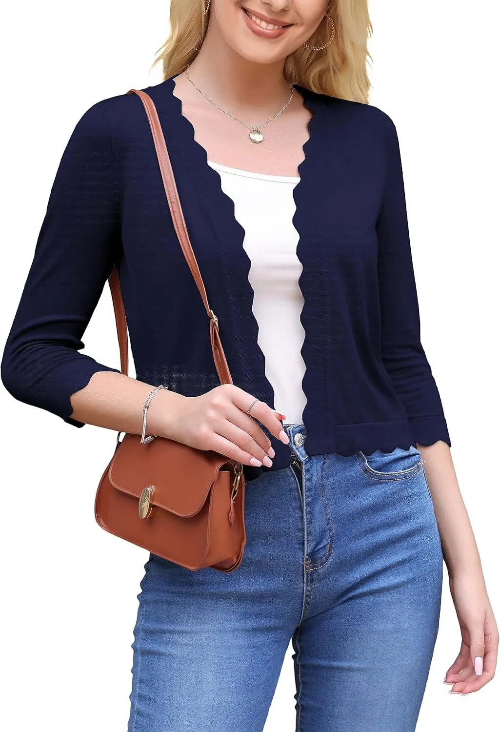 VOIANLIMO Women's 3/4 Sleeve Cropped Cardigan Sweaters Knit Open Front Bolero Short Shrugs for Dresses