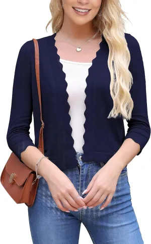 VOIANLIMO Women's 3/4 Sleeve Cropped Cardigan Sweaters Knit Open Front Bolero Short Shrugs for Dresses