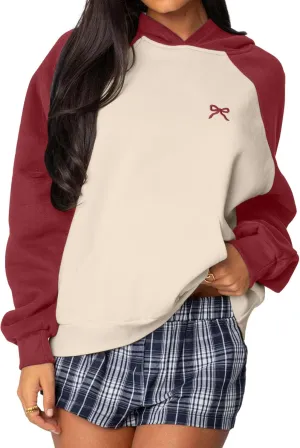 Women Bow Graphic Oversized Hoodie Raglan Sleeve Color Block Sweatshirts Embroidered Pullover Hoodie Tops with Pocket