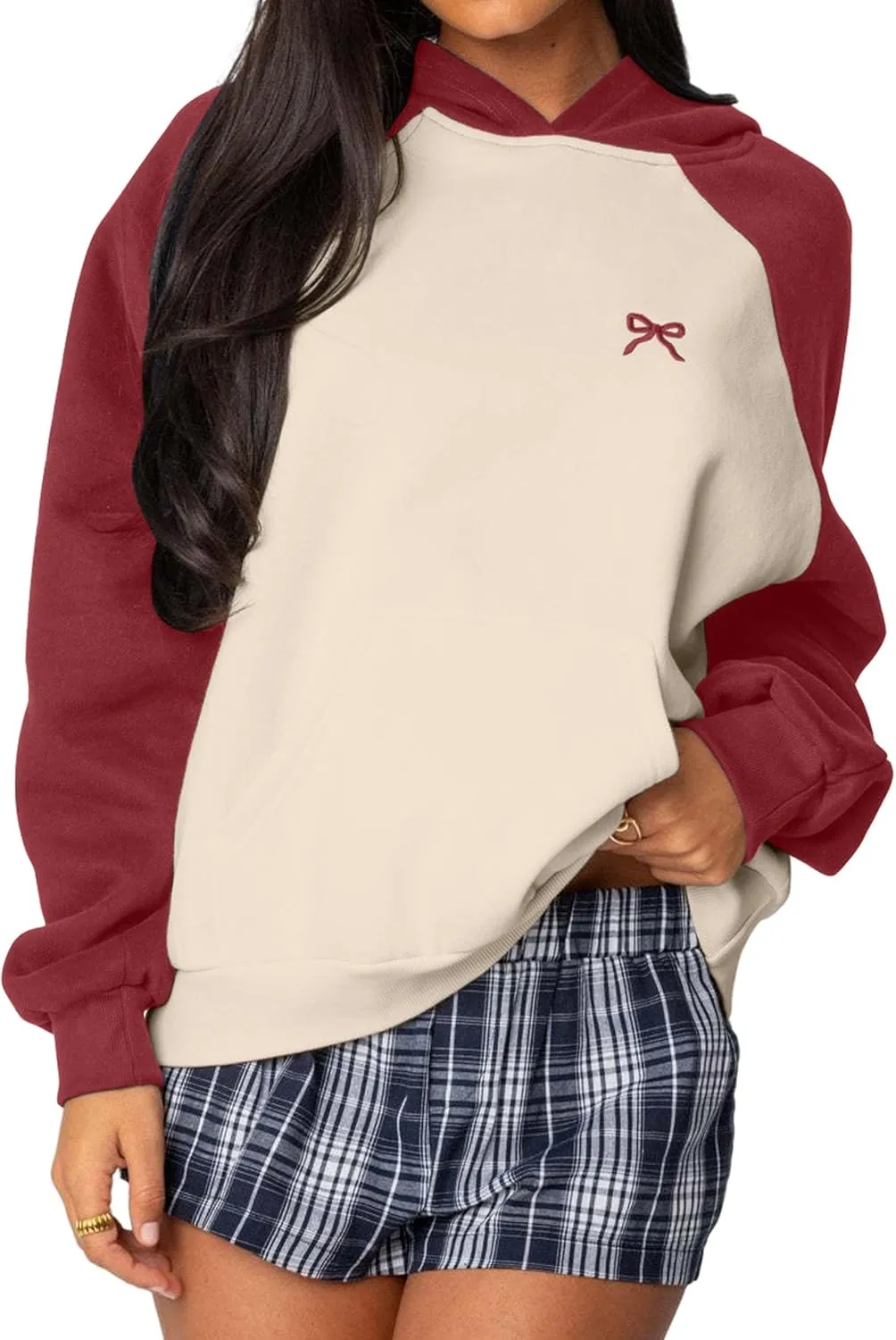 Women Bow Graphic Oversized Hoodie Raglan Sleeve Color Block Sweatshirts Embroidered Pullover Hoodie Tops with Pocket