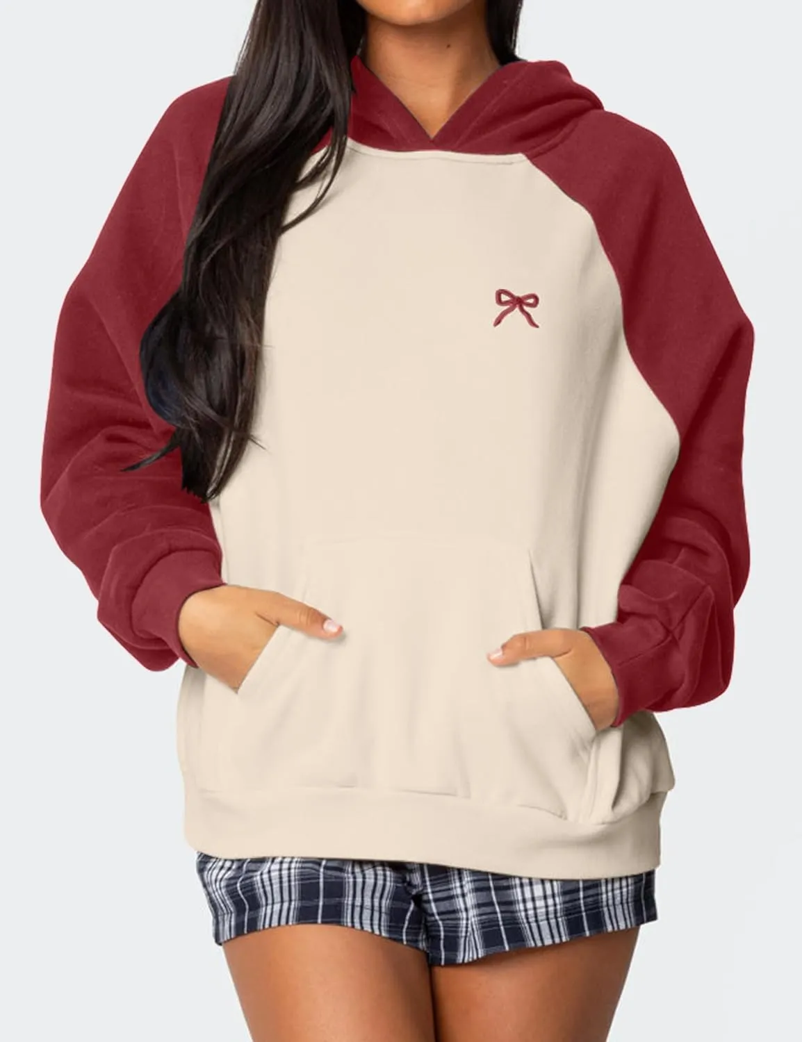 Women Bow Graphic Oversized Hoodie Raglan Sleeve Color Block Sweatshirts Embroidered Pullover Hoodie Tops with Pocket