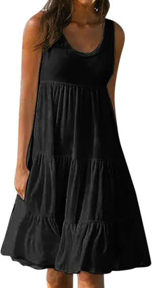 Women Casual Summer Sundress Plus Size Scoop Neck Sleeveless Knee Length Swing Dress Pleated Ruffle A-Line Tank Dress
