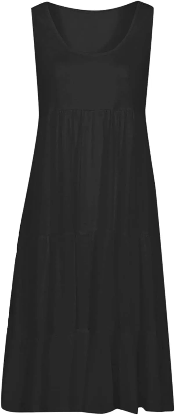Women Casual Summer Sundress Plus Size Scoop Neck Sleeveless Knee Length Swing Dress Pleated Ruffle A-Line Tank Dress