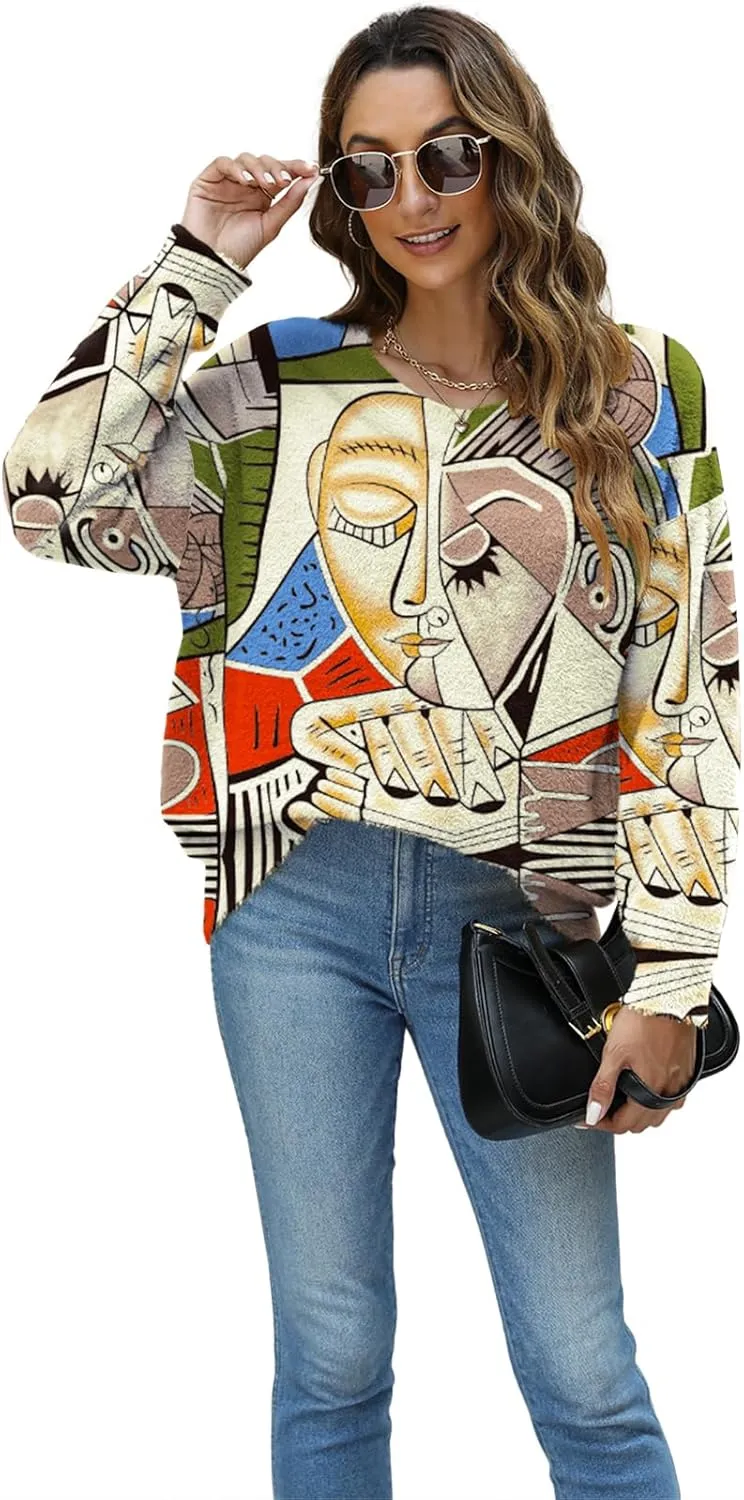 Women Christmas Sweater Graphic Oversized Long Sleeve Boho Printed Loose Fit Casual Knit Pullover Sweaters Top