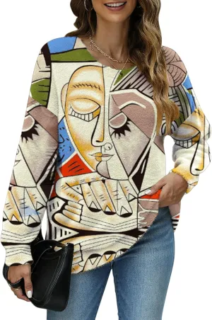 Women Christmas Sweater Graphic Oversized Long Sleeve Boho Printed Loose Fit Casual Knit Pullover Sweaters Top