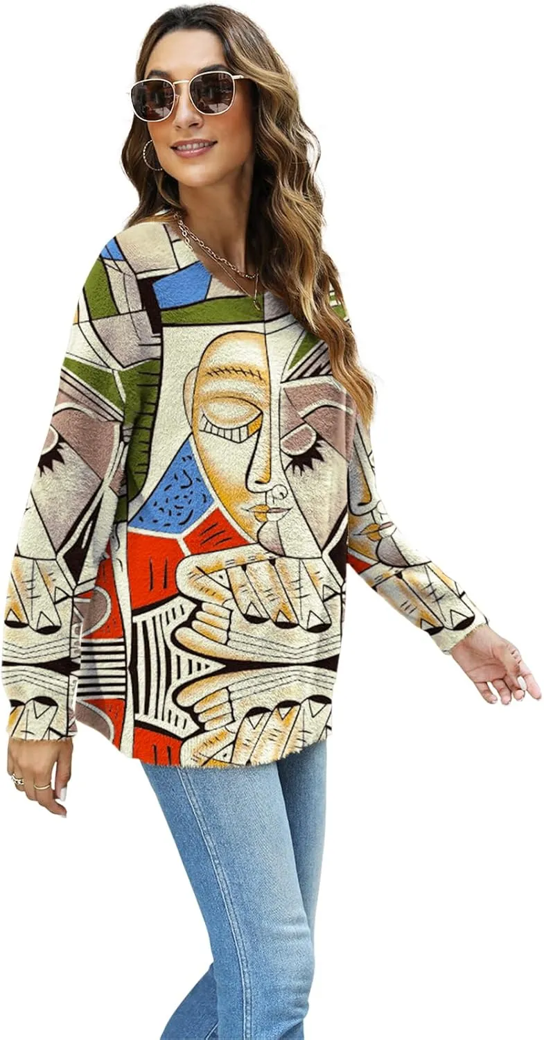 Women Christmas Sweater Graphic Oversized Long Sleeve Boho Printed Loose Fit Casual Knit Pullover Sweaters Top