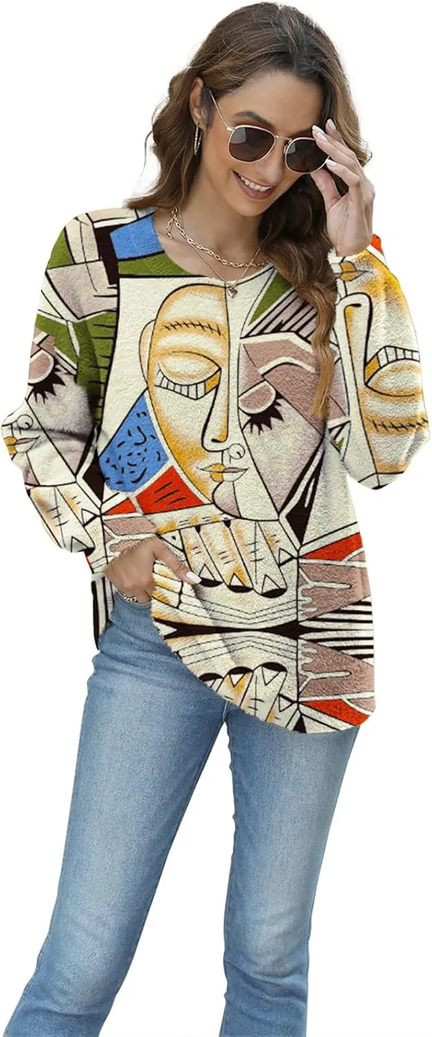 Women Christmas Sweater Graphic Oversized Long Sleeve Boho Printed Loose Fit Casual Knit Pullover Sweaters Top