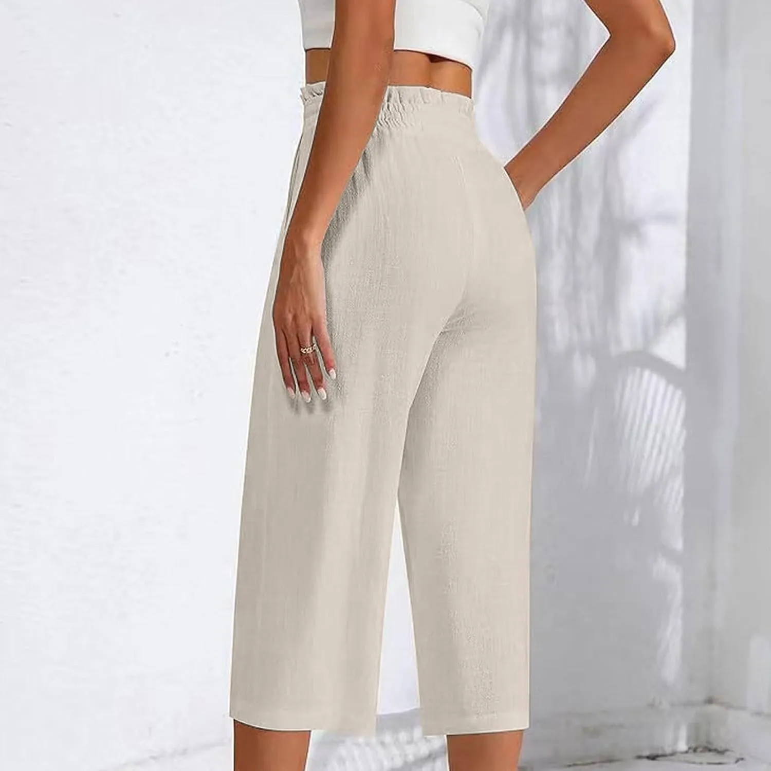 Women Cotton Linen Summer Boho Palazzo Pants Elastic Waist Bootcut Loose Fit Pant Trousers Business Work