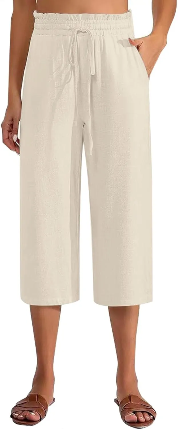 Women Cotton Linen Summer Boho Palazzo Pants Elastic Waist Bootcut Loose Fit Pant Trousers Business Work