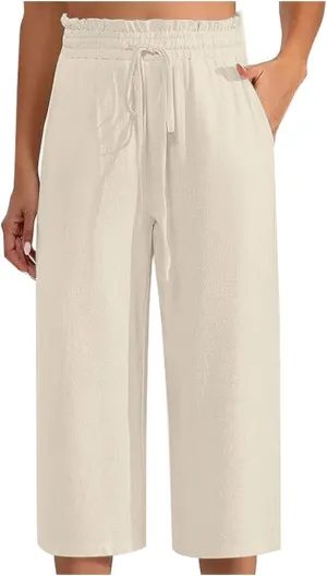 Women Cotton Linen Summer Boho Palazzo Pants Elastic Waist Bootcut Loose Fit Pant Trousers Business Work