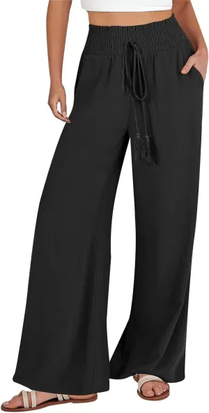 Women Cotton Linen Summer Casual Flowy Pants Elastic Waisted Bootcut Slim Fit Pant Trousers Travel
