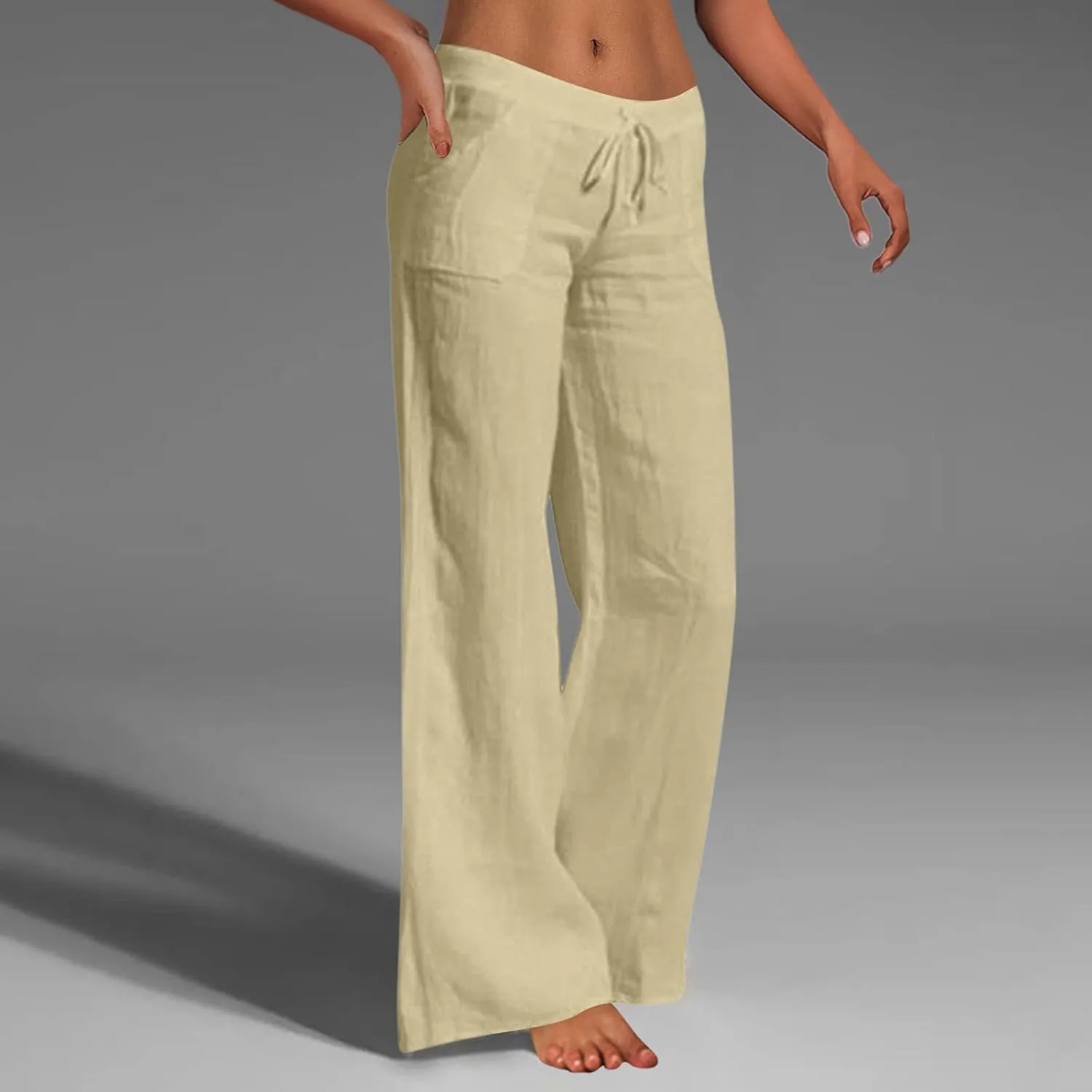 Women Cotton Linen Summer Y2K Fashion Palazzo Lounge Pants High Waist Straight Slim-Fit Trousers Vacation