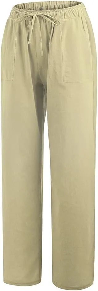 Women Cotton Linen Summer Y2K Fashion Palazzo Lounge Pants High Waist Straight Slim-Fit Trousers Vacation