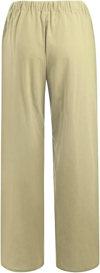 Women Cotton Linen Summer Y2K Fashion Palazzo Lounge Pants High Waist Straight Slim-Fit Trousers Vacation