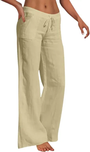 Women Cotton Linen Summer Y2K Fashion Palazzo Lounge Pants High Waist Straight Slim-Fit Trousers Vacation