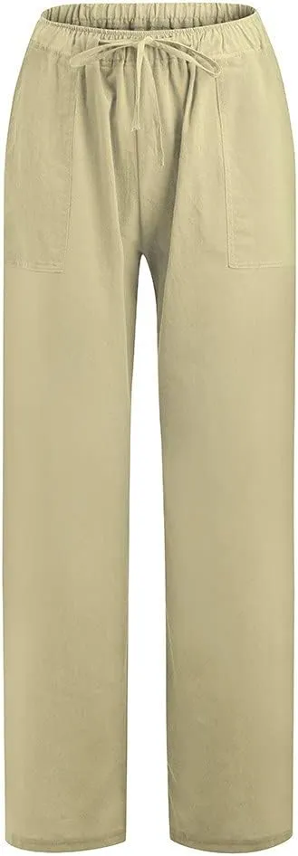 Women Cotton Linen Summer Y2K Fashion Palazzo Lounge Pants High Waist Straight Slim-Fit Trousers Vacation