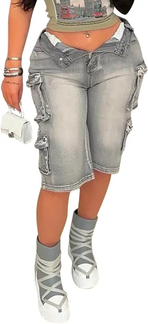 Women Distressed Jean Shorts Y2K Stretchy High Waist Straight Leg Bermuda Denim Short with Pockets