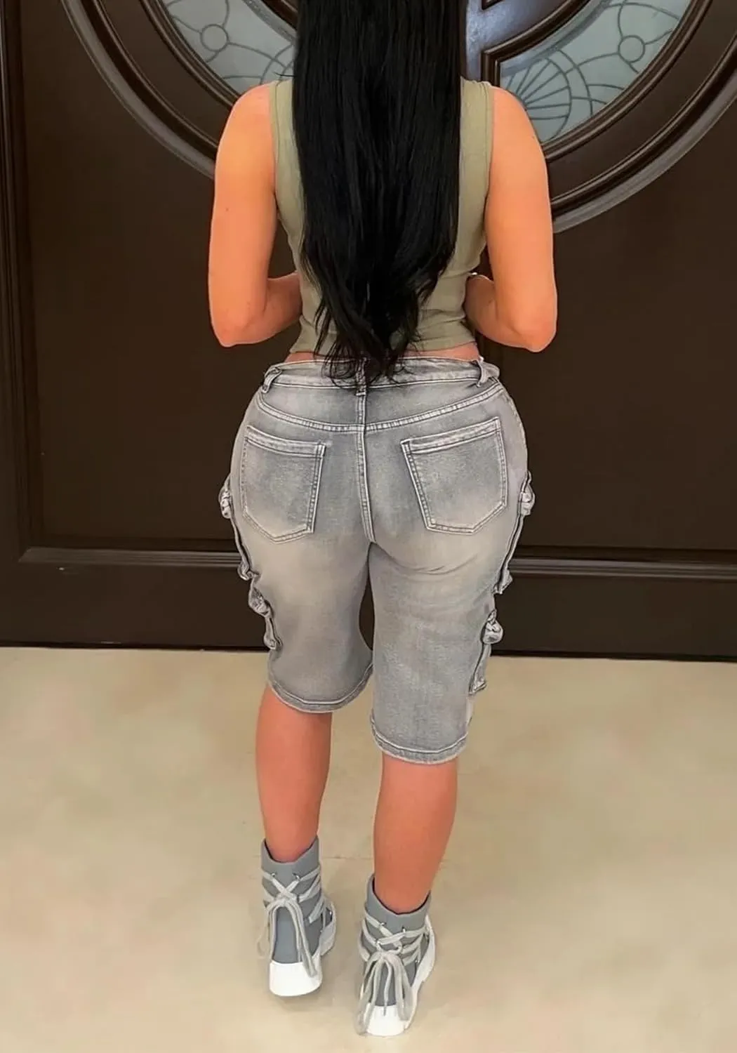 Women Distressed Jean Shorts Y2K Stretchy High Waist Straight Leg Bermuda Denim Short with Pockets