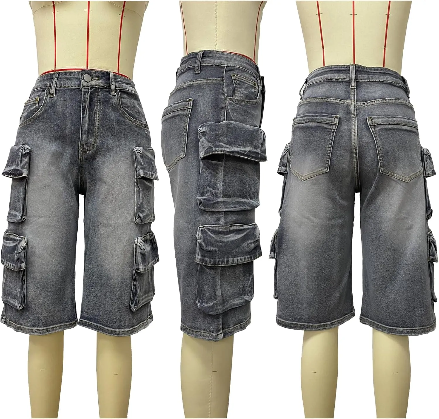 Women Distressed Jean Shorts Y2K Stretchy High Waist Straight Leg Bermuda Denim Short with Pockets