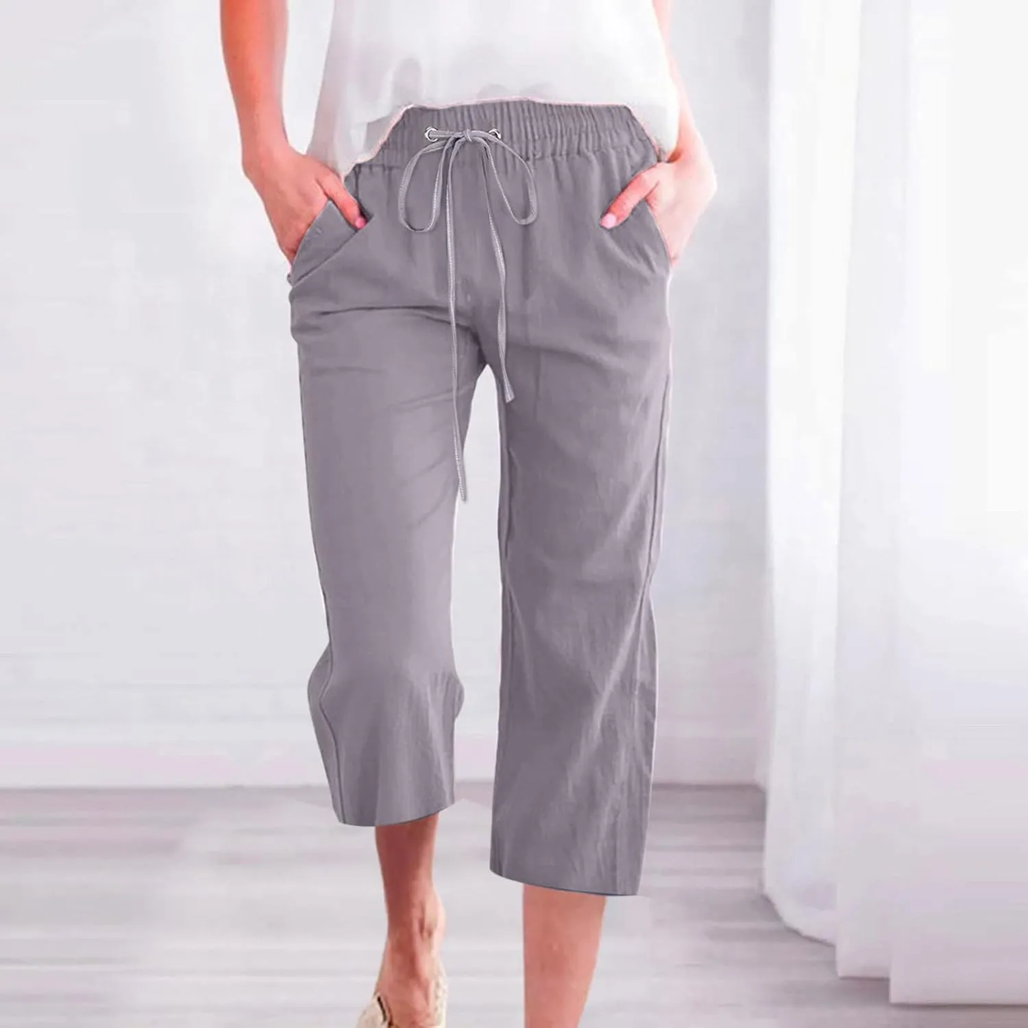 Women Dressy Casual Capri Pants for Women 2025 Summer Linen Pant Wide Leg Casual Cropped Trousers with Pockets