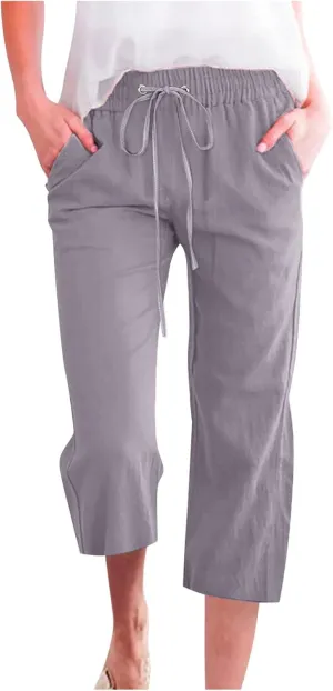 Women Dressy Casual Capri Pants for Women 2025 Summer Linen Pant Wide Leg Casual Cropped Trousers with Pockets